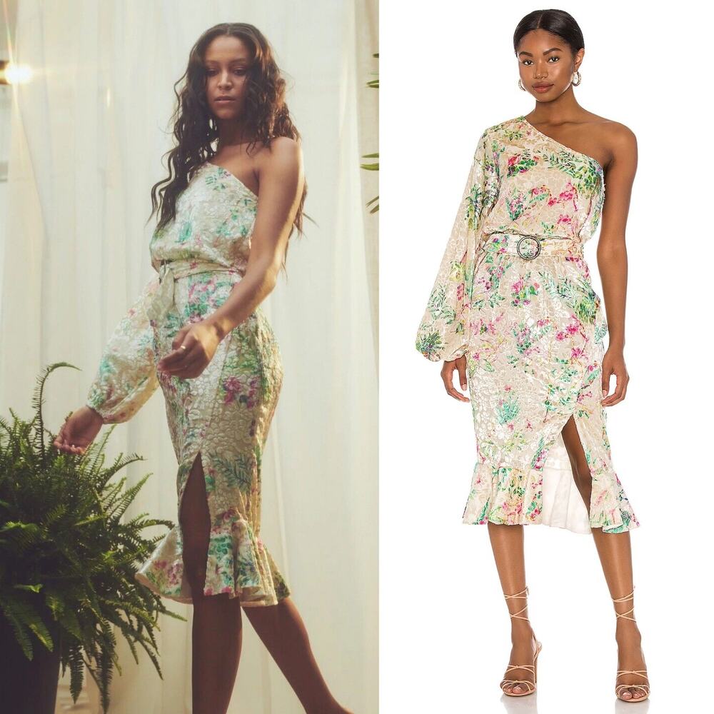 Hemant & Nandita Dress Size XSmall Zania Floral Velvet One Shoulder Belted Midi